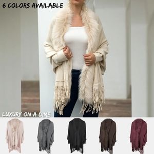 Plush Faux Fur Retro Fringe Hem Open Front Knit Poncho Knit Cardigan 6 Colors